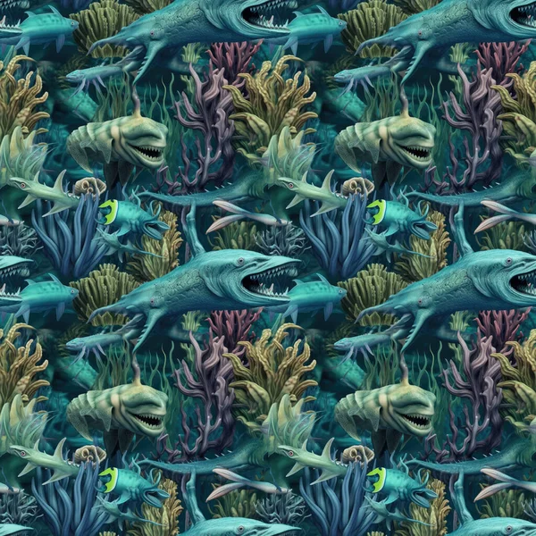 Seamless Background Deep Sea Monsters Fish Modern Surrealism Art Style — Stock Photo, Image