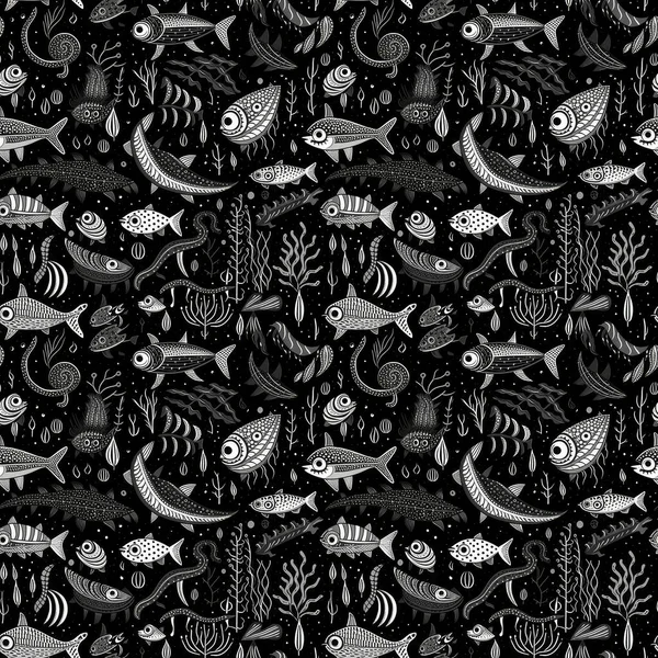 Seamless Background Deep Sea Monsters Fish Black Background Modern Minimalist — Stock Photo, Image