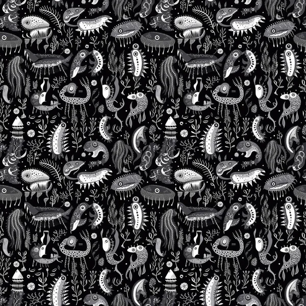 Seamless Background Deep Sea Monsters Fish Black Background Modern Minimalist — Stock Photo, Image