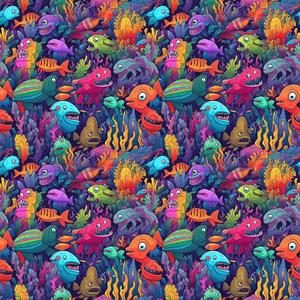 珊瑚礁背景上的海怪和鱼的无缝化背景 富有生气和色彩的漫画艺术风格 — 图库照片