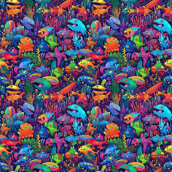 珊瑚礁背景上的海怪和鱼的无缝化背景 富有生气和色彩的漫画艺术风格 — 图库照片