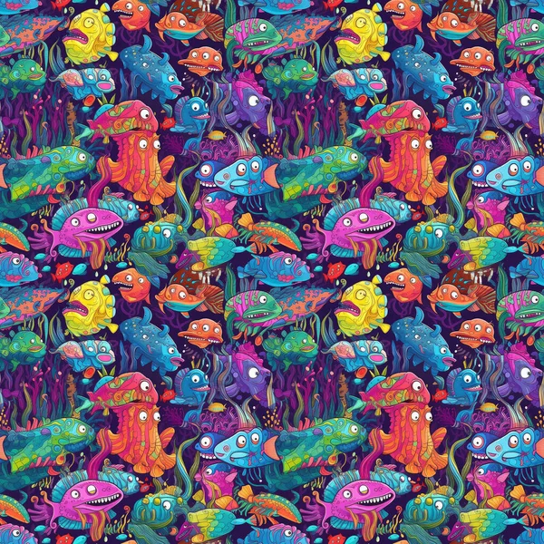 Seamless Background Sea Monsters Fish Coral Reef Background Vibrant Colorful — Stock Photo, Image