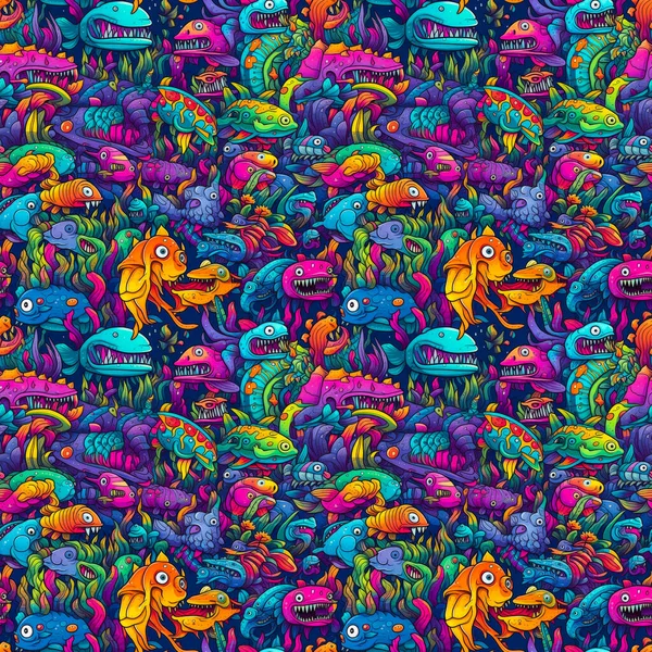Seamless Background Sea Monsters Fish Coral Reef Background Vibrant Colorful — Stock Photo, Image