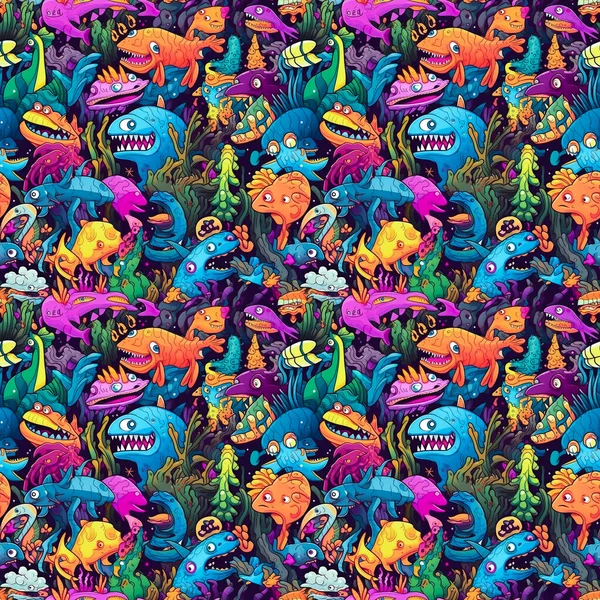 Seamless background of sea monsters and fish on a coral reef background, with vibrant and colorful cartoon art style.