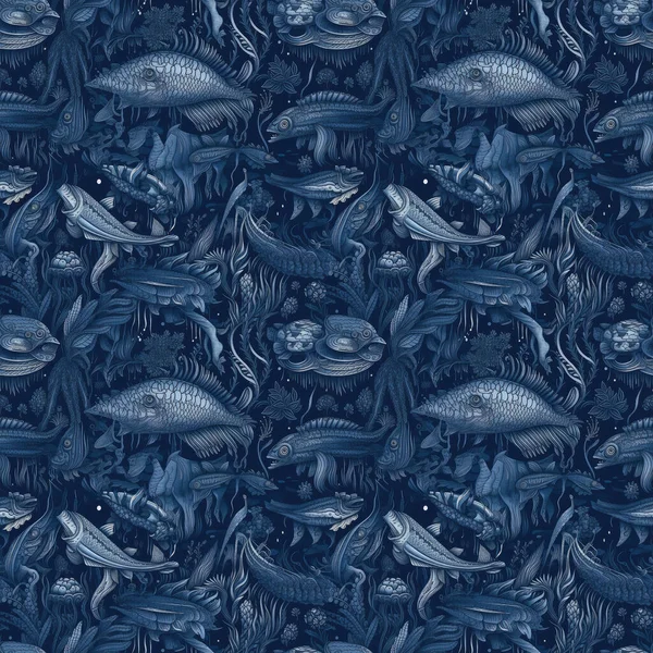 Бесшовный Фон Глубоководных Монстров Рыб Темно Синем Фоне Сюрреалистический Стиль — стоковое фото