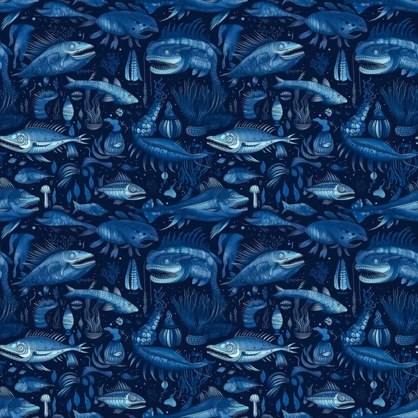 Безшовний Фон Глибоководних Монстрів Риб Темно Синьому Тлі Сюрреалістичний Стиль — стокове фото