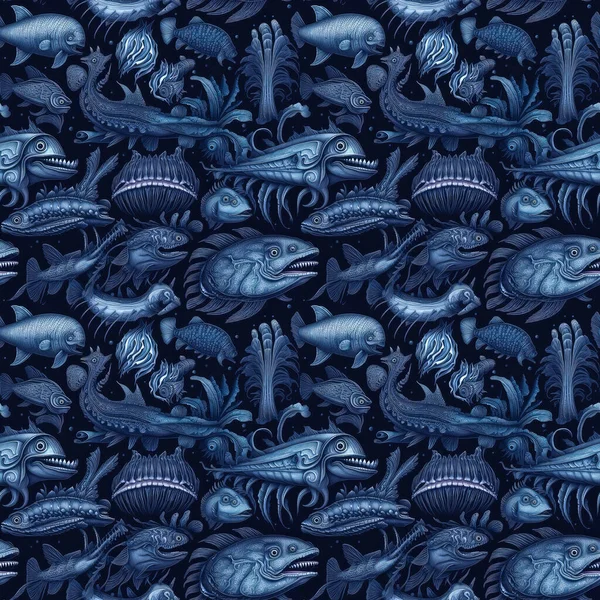 深海怪物和深蓝色背景鱼类的无缝化背景 超现实艺术风格 — 图库照片