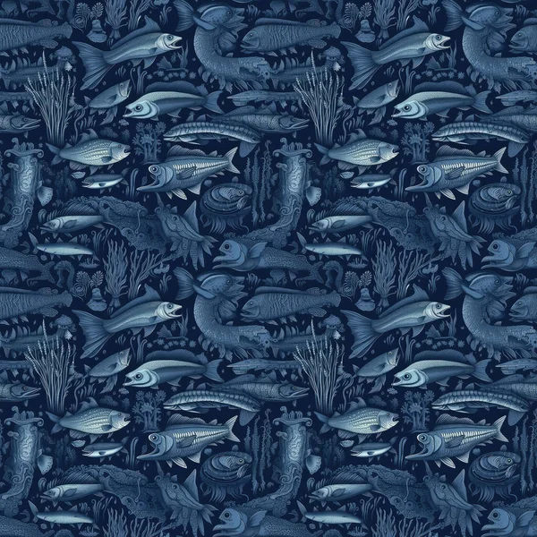 Bezešvé Pozadí Hlubokých Mořských Příšer Ryb Tmavomodrém Pozadí Surrealistické Umění — Stock fotografie