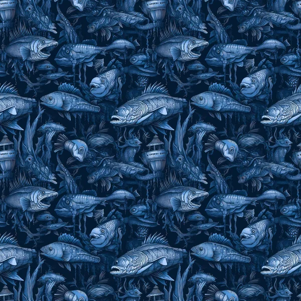 Seamless Background Deep Sea Monsters Fish Dark Blue Background Surreal — Stock Photo, Image
