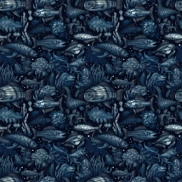Sömlös Bakgrund Djuphavsmonster Och Fisk Mörkblå Bakgrund Surrealistisk Konst Stil — Stockfoto