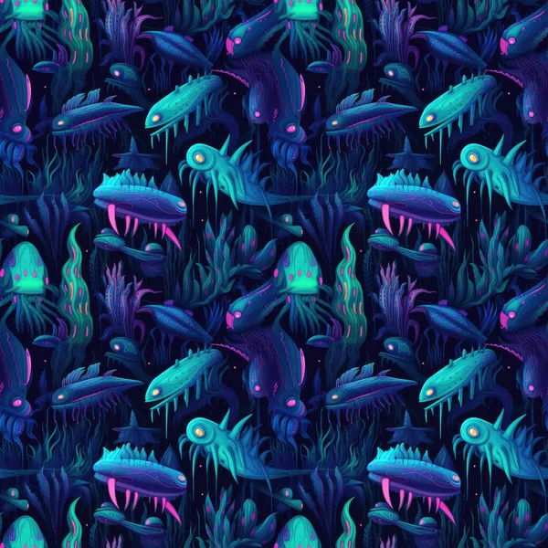 深海怪物和黑暗洋底鱼的无缝化背景 具有生物发光的生物 抽象的艺术风格 — 图库照片