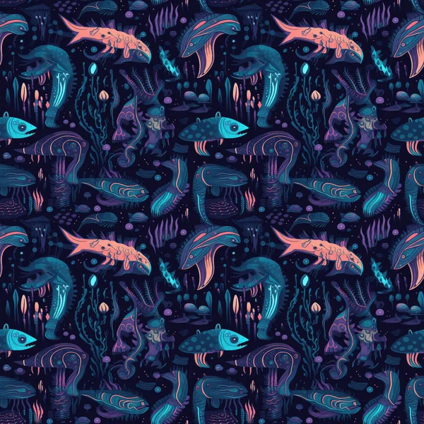 深海怪物和黑暗洋底鱼的无缝化背景 具有生物发光的生物 抽象的艺术风格 — 图库照片
