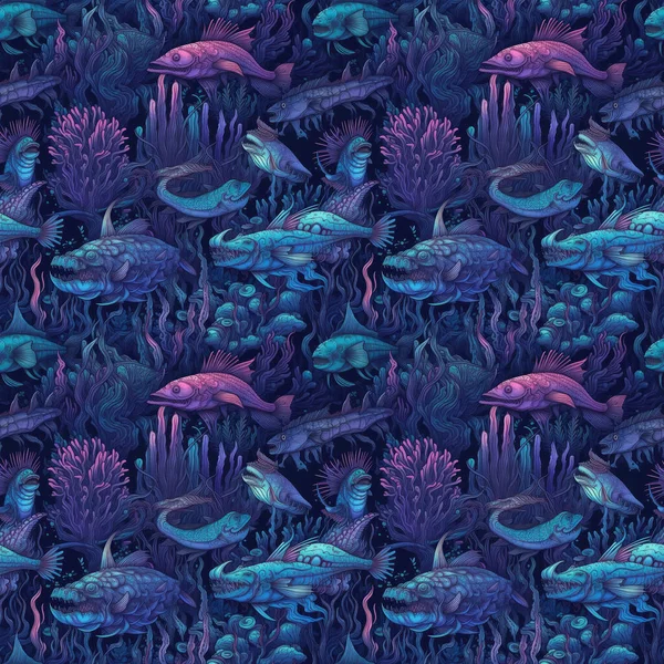 深海怪物和鱼的无缝化背景 尼翁蓝色和紫色的超现实艺术风格 — 图库照片