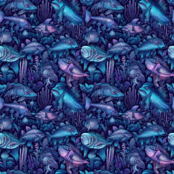 Sömlös Bakgrund Djuphavsmonster Och Fisk Surrealistisk Konststil Neonblå Och Violetta — Stockfoto