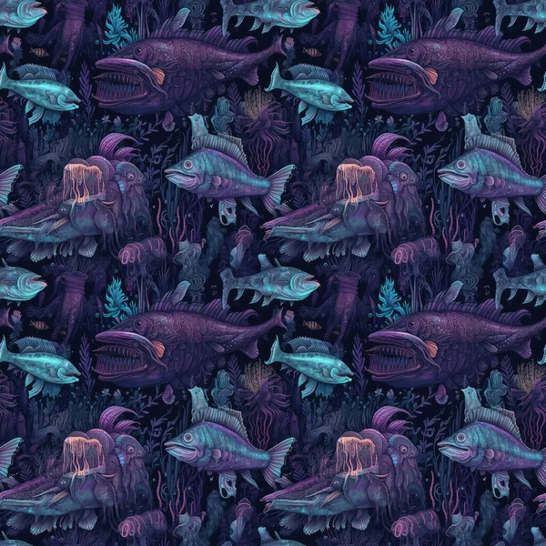 深海怪物和鱼的无缝化背景 尼翁蓝色和紫色的超现实艺术风格 — 图库照片