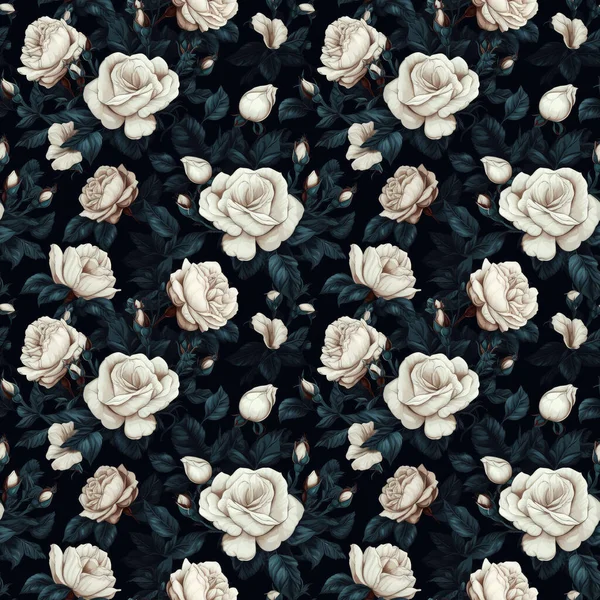 Nahtloser Hintergrund Aus Weißen Rosen Auf Dunklem Hintergrund Mit Einem — Stockfoto