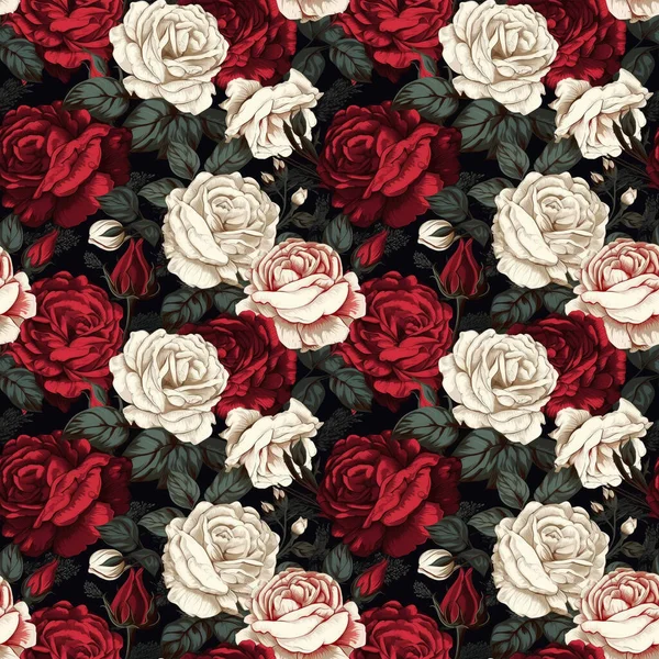 Nahtloser Hintergrund Aus Roten Und Weißen Rosen Auf Dunklem Hintergrund — Stockfoto