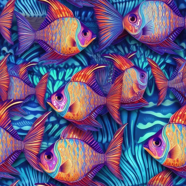 在蓝色的海洋上 抽象的五彩斑斓的热带鱼的无缝隙背景 — 图库照片