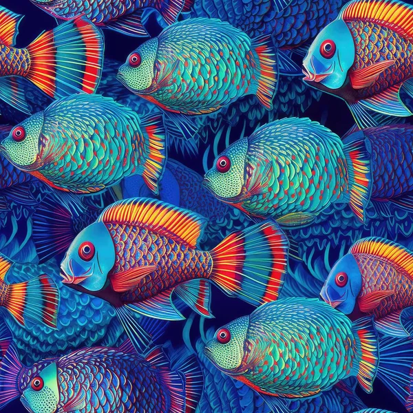 Bezešvé Pozadí Abstraktní Barevné Tropické Ryby Plavání Modrém Oceánu — Stock fotografie