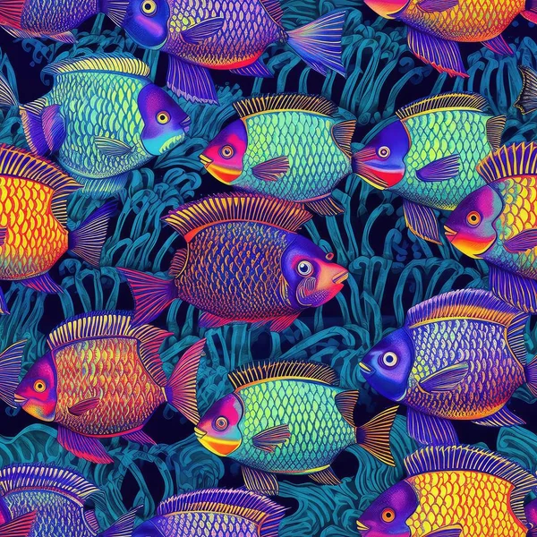 Fundo Sem Costura Peixes Tropicais Coloridos Abstratos Nadando Oceano Azul — Fotografia de Stock