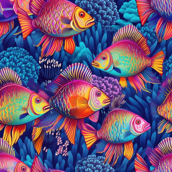在蓝色的海洋上 抽象的五彩斑斓的热带鱼的无缝隙背景 — 图库照片