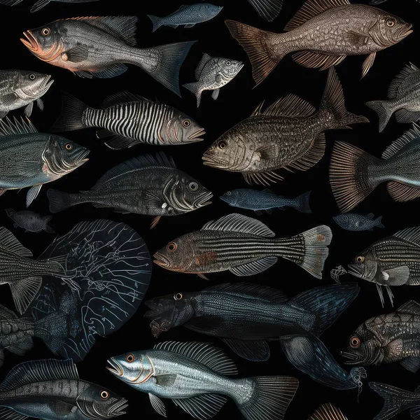 Απρόσκοπτη Μορφή Των Διαφόρων Τύπων Ψαριών Της Θάλασσας Μαύρο Φόντο — Φωτογραφία Αρχείου