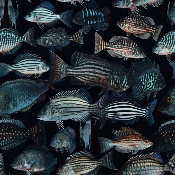 Padrão Sem Costura Vários Tipos Peixes Marinhos Fundo Preto — Fotografia de Stock