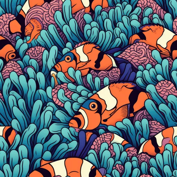 在珊瑚礁背景上以卡通风格呈现的无缝隙的小丑鱼图案 — 图库照片