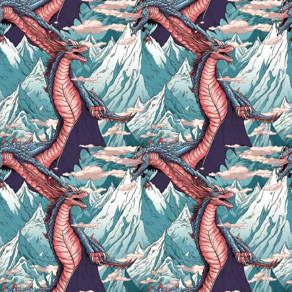Seamless Background Snowy Mountain Peak Fierce Dragon Flying Illustrated Manga — Stock Photo, Image