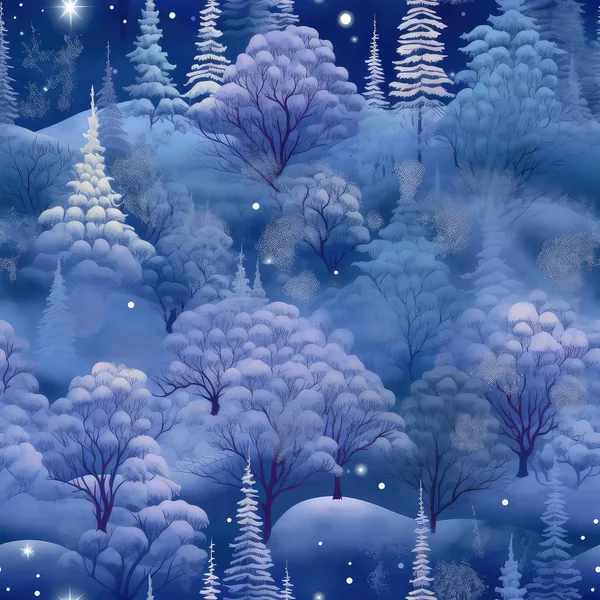 Magical Winter Landscape Seamless Background Winter Wonderland Snowflakes Christmas Trees — Stock Photo, Image