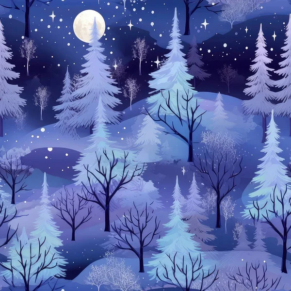 魔法の冬の風景 雪の結晶 クリスマスツリー つららと冬の不思議の国のシームレスな背景 幻想的なアートスタイルのイラスト — ストック写真