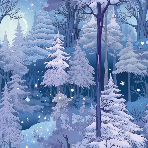 魔法の冬の風景 雪の結晶 クリスマスツリー つららと冬の不思議の国のシームレスな背景 幻想的なアートスタイルのイラスト — ストック写真