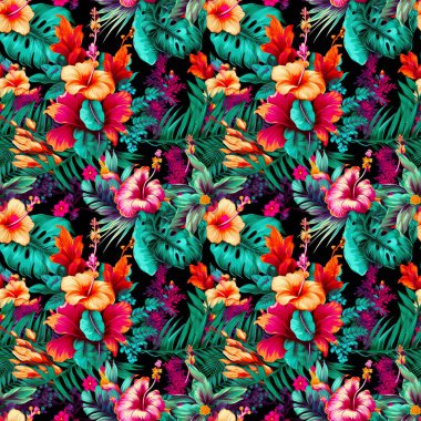 Tropical seamless floral pattern on a bright background, with bold and vibrant colors. Exotic and playful design of the flowers abstract backdrop  clipart