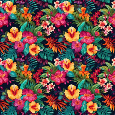 Parlak bir arka planda, parlak ve canlı renklerle, tropik, pürüzsüz çiçek deseni. Çiçeklerin egzotik ve eğlenceli tasarımı soyut arkaplan 