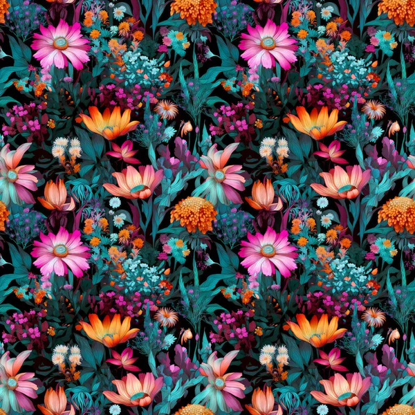 Sömlös Bakgrund Pulserande Fantastiska Blommor Mörk Bakgrund Med Surrealistisk Konststil — Stockfoto