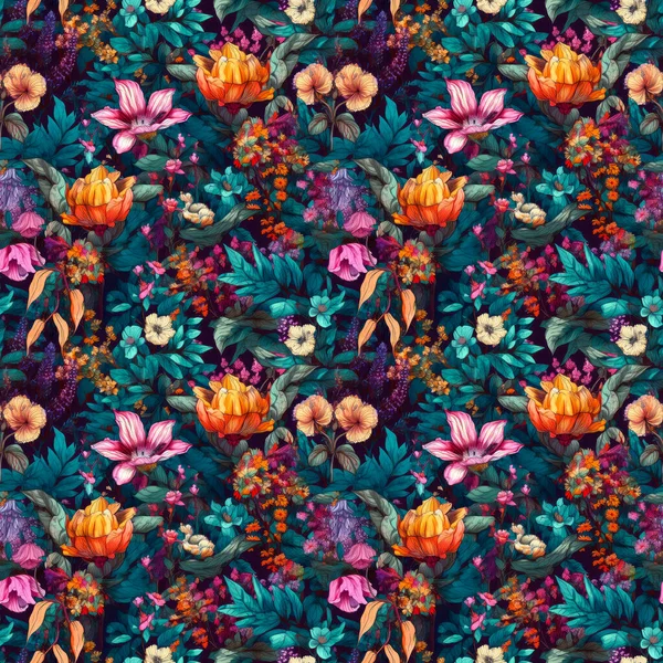 Nahtloser Hintergrund Aus Lebendigen Fantastischen Blumen Auf Dunklem Hintergrund Mit — Stockfoto