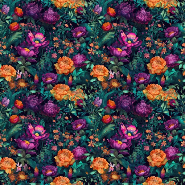 Sömlös Bakgrund Pulserande Fantastiska Blommor Mörk Bakgrund Med Surrealistisk Konststil — Stockfoto