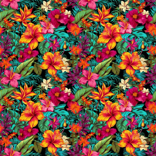 明るい背景に熱帯のシームレスな花のパターンは 大胆かつ鮮やかな色で 花のエキゾチックで遊び心のあるデザイン アブストラクトな背景 — ストック写真