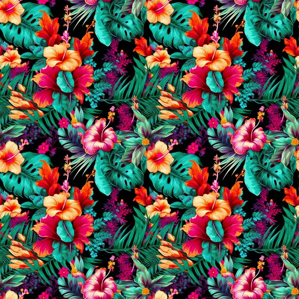 Tropisch Naadloos Bloemenpatroon Een Heldere Achtergrond Met Gedurfde Levendige Kleuren — Stockfoto