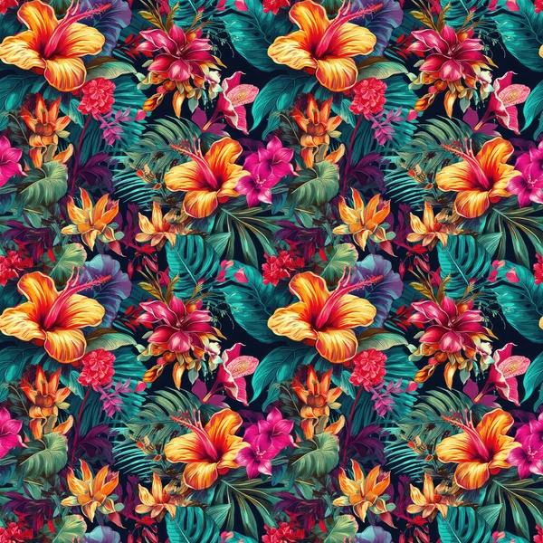 Patrón Floral Tropical Sin Costuras Sobre Fondo Brillante Con Colores — Foto de Stock