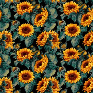 Soyut çiçek arkaplanı. Koyu arkaplanda parlak ayçiçeklerinin kusursuz arkaplanı, sıcak renkli sanat tarzı..