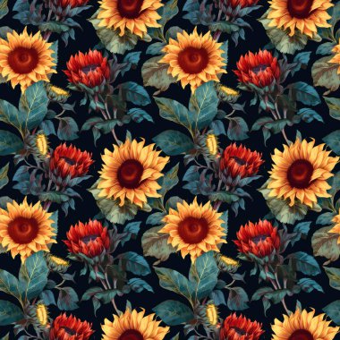 Soyut çiçek arkaplanı. Koyu arkaplanda parlak ayçiçeklerinin kusursuz arkaplanı, sıcak renkli sanat tarzı..