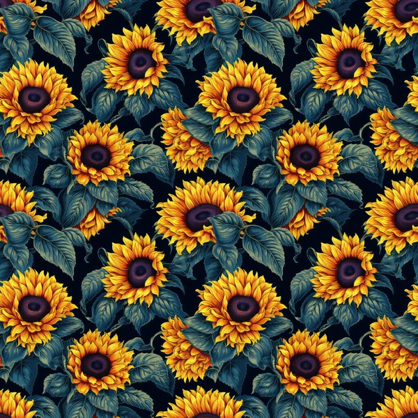 Abstrakter Floraler Hintergrund Nahtloser Hintergrund Aus Lebendigen Sonnenblumen Auf Dunklem — Stockfoto