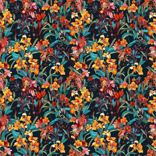 Fundo Floral Abstrato Fundo Sem Costura Flores Orquídeas Vibrantes — Fotografia de Stock