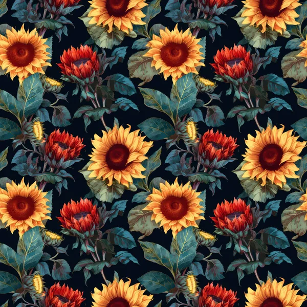 Abstraktní Květinové Pozadí Bezproblémové Pozadí Pulzujících Slunečnic Tmavém Pozadí Umělecký — Stock fotografie