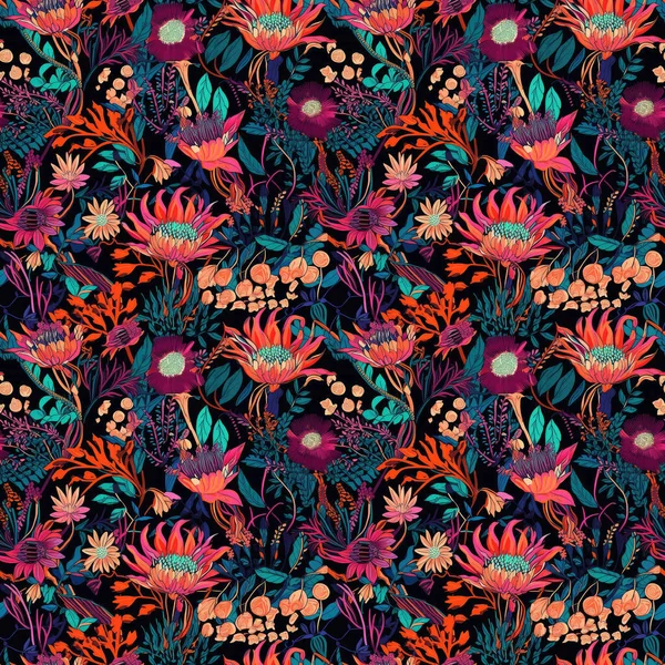 Abstract Flowers Background Bold Graphic Seamless Floral Pattern Black Background — Stock Photo, Image