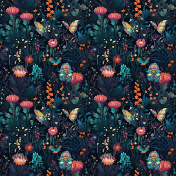 Abstrakter Floraler Hintergrund Nahtloser Hintergrund Von Fantastischen Blumen Mit Schmetterlingsflügeln — Stockfoto