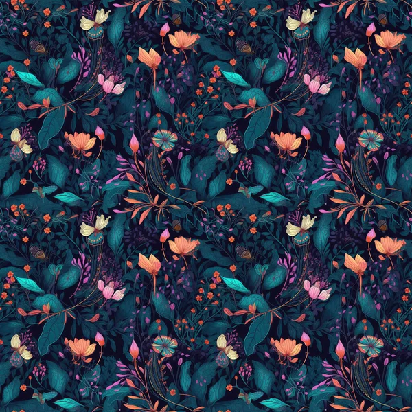 Abstrakcyjne Tło Kwiatowe Bezszwowe Tło Fantastycznych Kwiatów Skrzydłami Motyla Ciemnym — Zdjęcie stockowe
