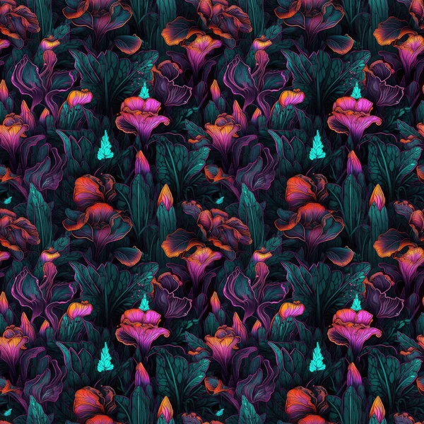 Abstrakt Blommig Bakgrund Sömlös Bakgrund Neon Färgade Fantastiska Blommor Svart — Stockfoto
