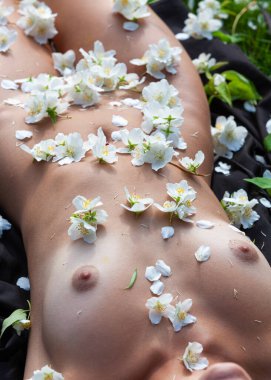 Güzellik, şehvet ve çıplaklık konsepti. Genç ve çıplak bir kadının romantik görüntüsü çimenlerde yatar ve yasemin çiçekleriyle süslenir..